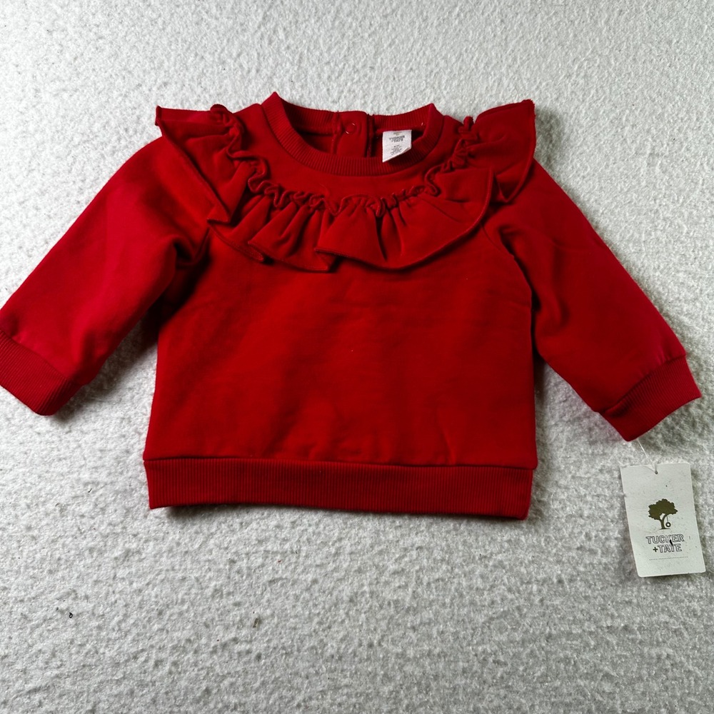 NWT Tucker Tate Baby Girl Red Ruffle Crewneck Sweatshirt 6M Snap Closure